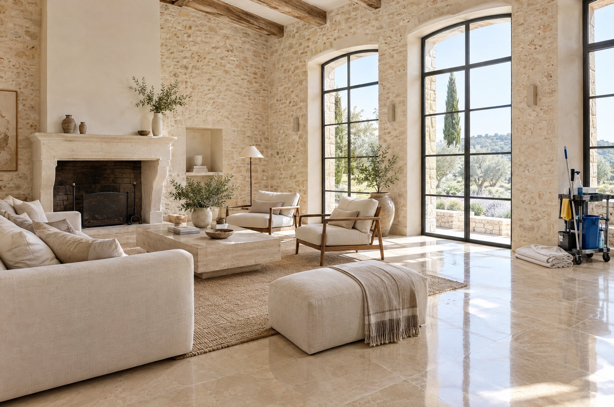 Salon lumineux d'une bastide provençale, murs en pierre, grandes fenêtres et sol en pierre lustré