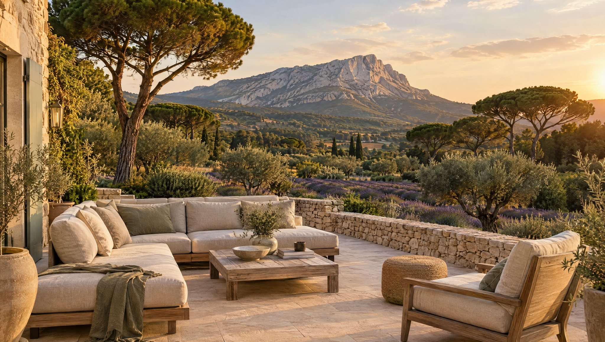 Terrasse de villa face à la montagne Sainte-Victoire au coucher du soleil